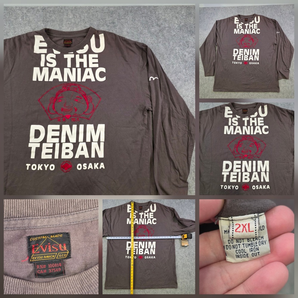 VTG Evisu Shirt Mens 2XL Brown Long Sleeve Denim Teiban Tokyo Osaka Graphic Tee